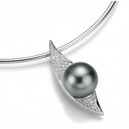 Pendentif Breuning or blanc 18 carats, perle de Tahiti et diamant 0,30 carat