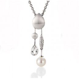 Collier et Pendentif Breuning or blanc 18 carats, topaze, perle de Chine et diamant 0,08 carat