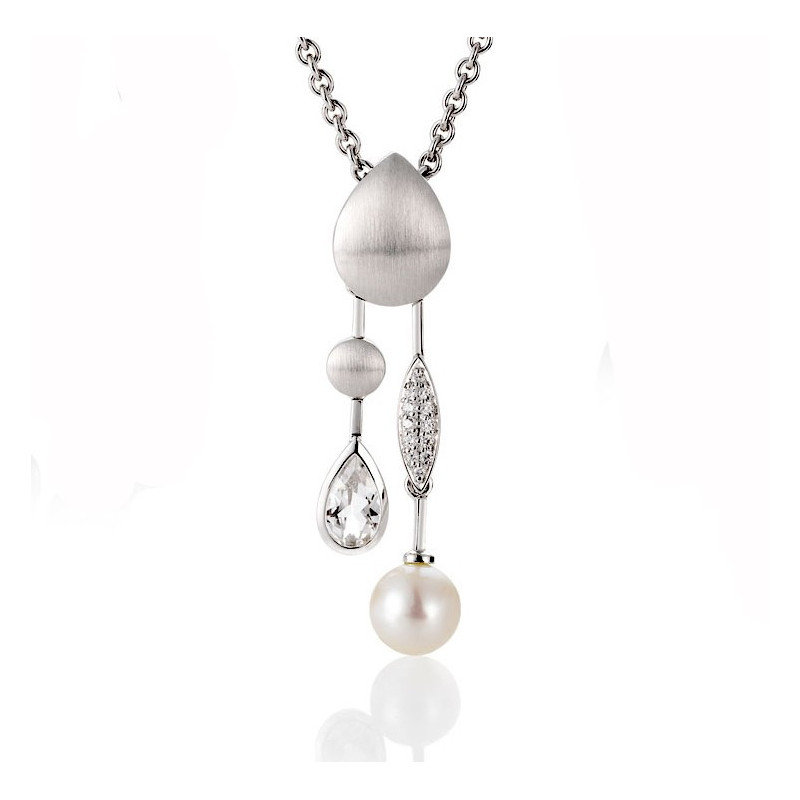 Collier et Pendentif Breuning or blanc 18 carats, topaze, perle de Chine et diamant 0,08 carat