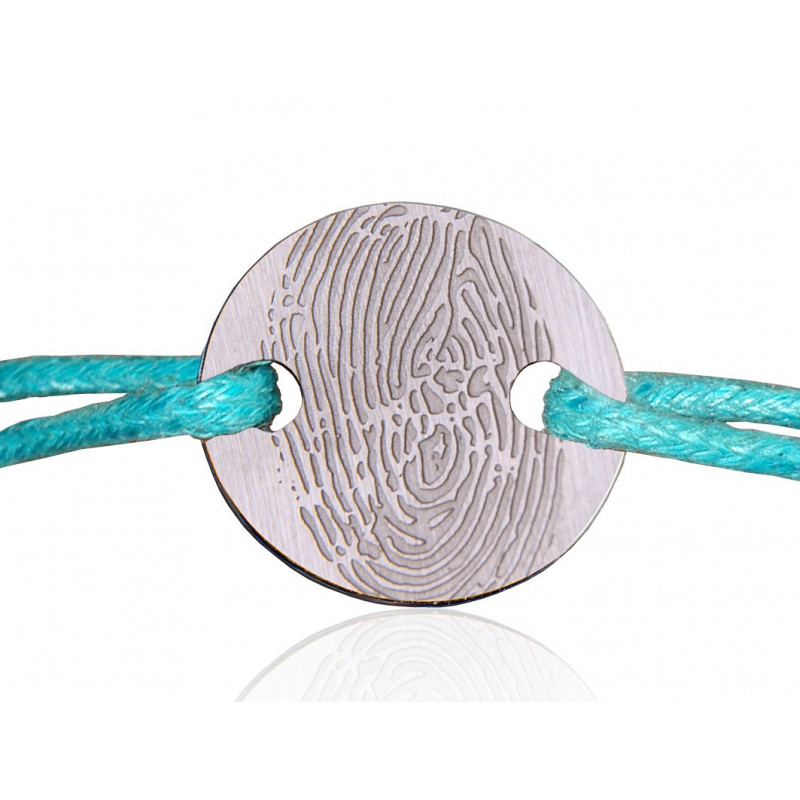Bracelet "Pastille" recto-verso argent massif  "empreintes" et cordon turquoise