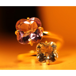 Bague or jaune 18 carats, amethyste et quartz rose