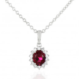 Chaine or blanc 18 carats, pendentif rubis ovale et diamant 0,08 carat