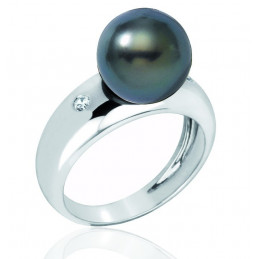 Bague or 18 carats, perle de tahiti et diamant 0,06 carat