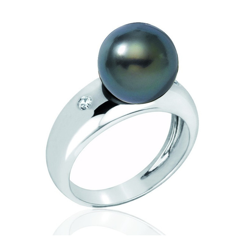 Bague or 18 carats, perle de tahiti et diamant 0,06 carat