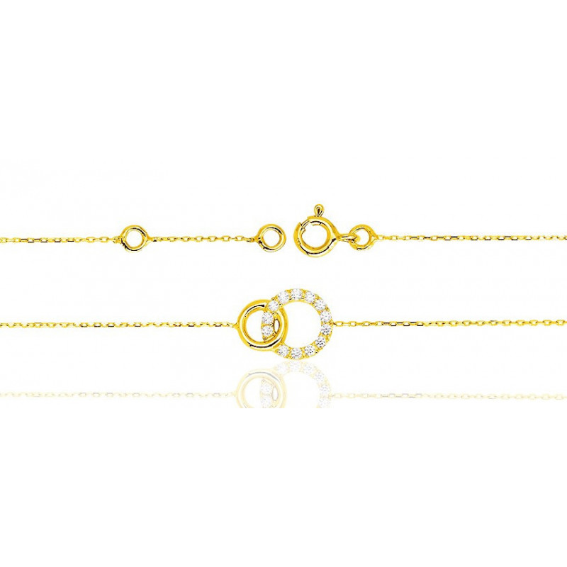 Bracelet or jaune 18 carats double cercles et zirconium 18 cm